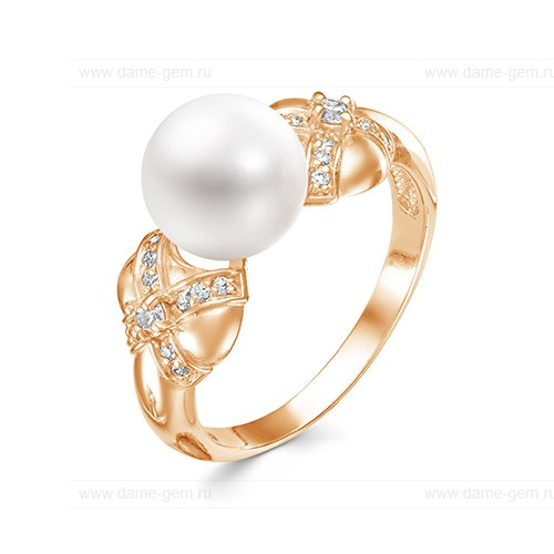 Кольцо из красного золота 585 пробы с белой жемчужиной 9,5-10 мм. Артикул 12776