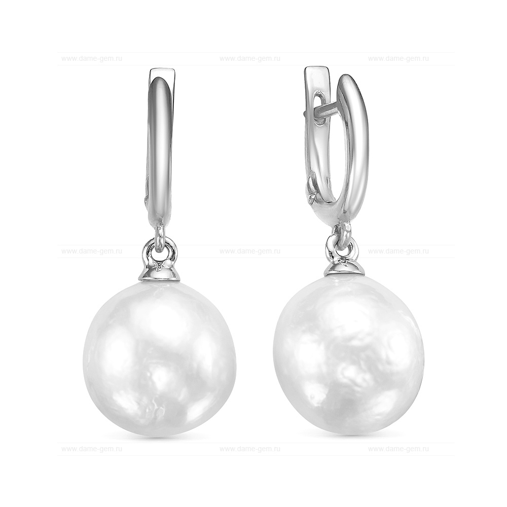 Серьги из серебра с японскими белыми жемчужинами 12,5-13 мм. Артикул 12434 Серьги из серебра с японскими белыми жемчужинами 12,5-13 мм. Артикул 12434