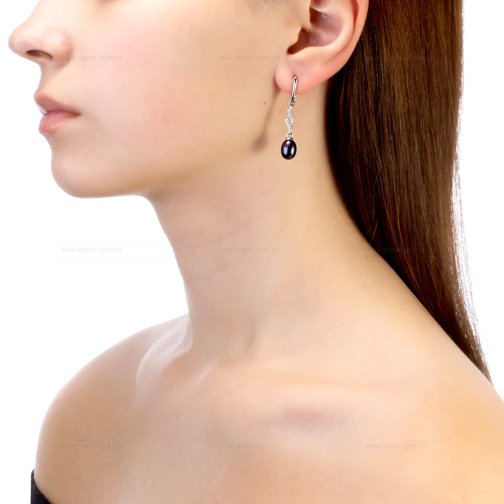 Длинные серьги из серебра с черными жемчужинами "капля" 7,5-8 мм. Артикул 12467
