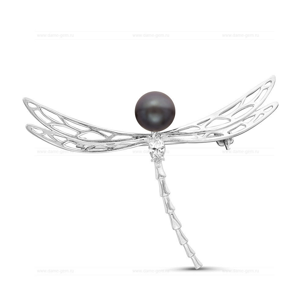 Брошь из серебра с черной речной жемчужиной 7,5-8 мм. Артикул 11323
