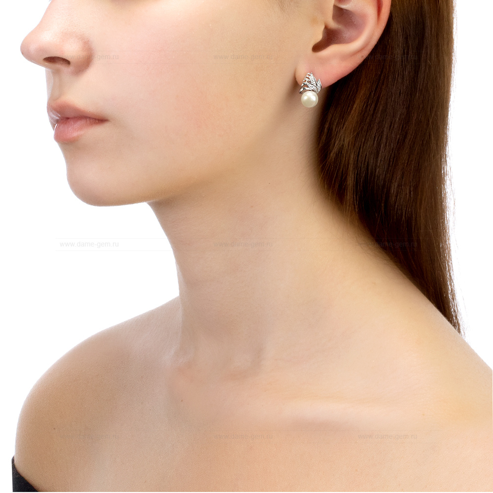 Серьги из серебра с белыми жемчужинами 8-8,5 мм. Артикул 12268