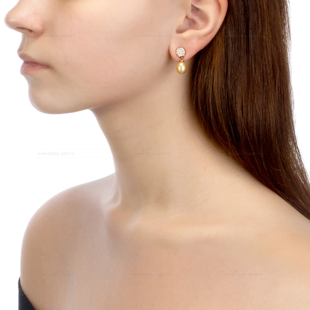 Серьги из серебра с золотистыми жемчужинами 8-8,5 мм. Артикул 10774