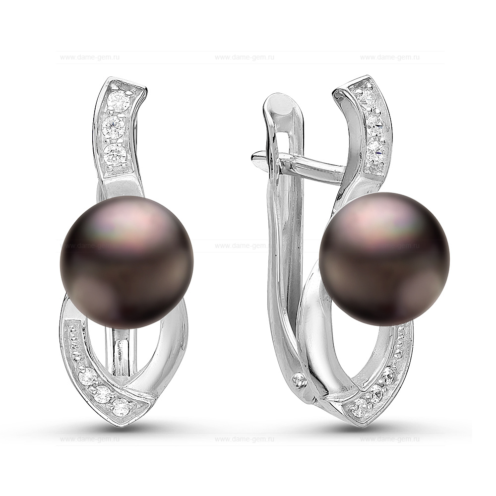 Серьги из серебра с черными жемчужинами 7-7,5 мм. Артикул 10932