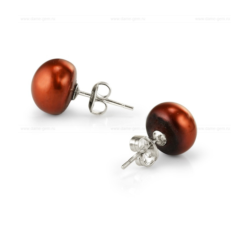 Пусеты из серебра с шоколадными жемчунами 9,5-10 мм. Артикул 9372