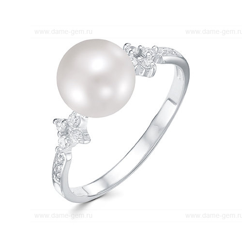 Кольцо из белого золота 585 пробы с белой жемчужиной 8,5-9 мм. Артикул 9548