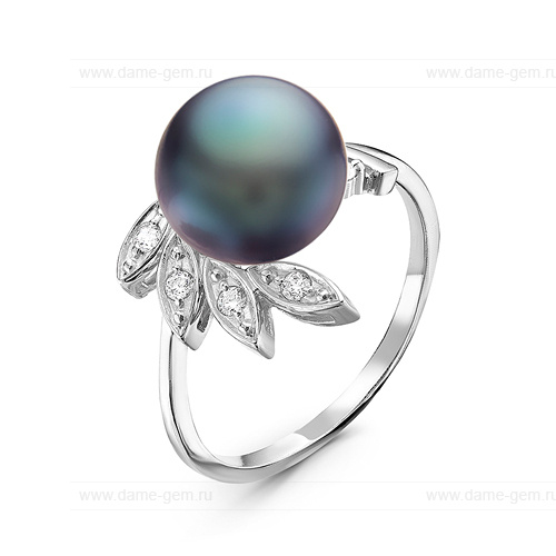 Кольцо из серебра 925 пробы с черной речной жемчужиной 8,5-9 мм. Артикул 10922