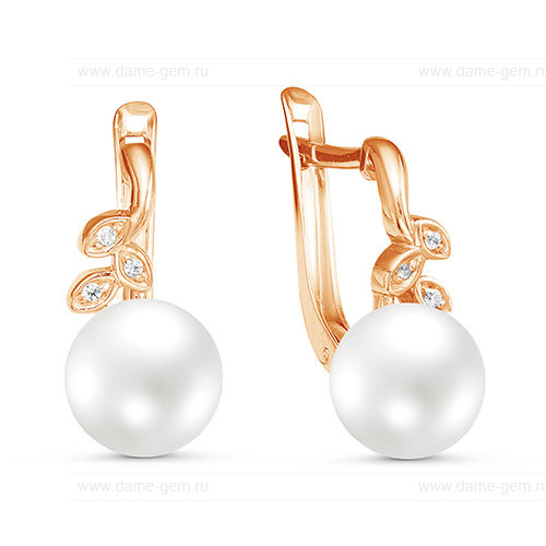 Серьги из красного золота с белыми жемчужинами 8,5-9 мм. Артикул 9863
