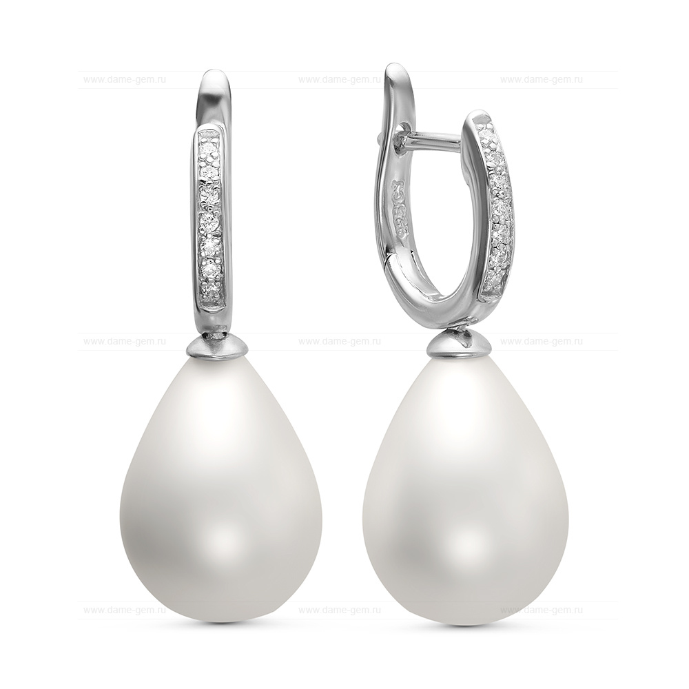 Серьги из серебра с белыми жемчужинами "Майорика" 12,5-15,5 мм. Артикул 11278