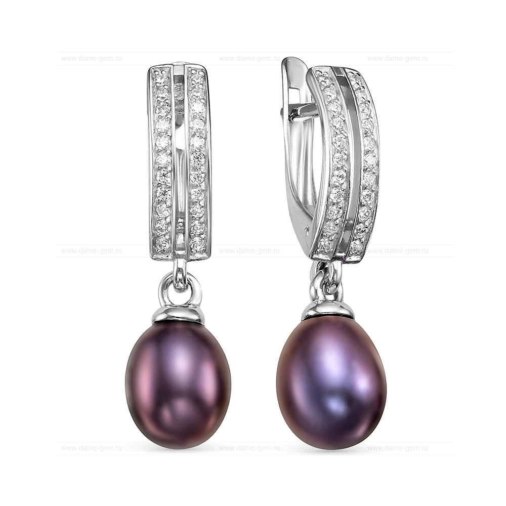 Серьги из серебра с черными жемчужинами "капля" 7,5-8 мм. Артикул 12468