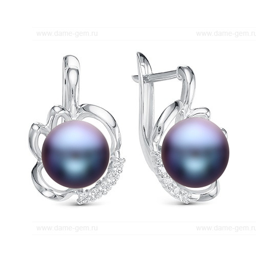 Серьги из серебра с черными жемчужинами 8,5-9 мм. Артикул 11341