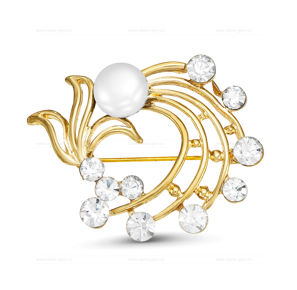 Брошь из сплава с белой жемчужиной 9,5 мм. Артикул 12151