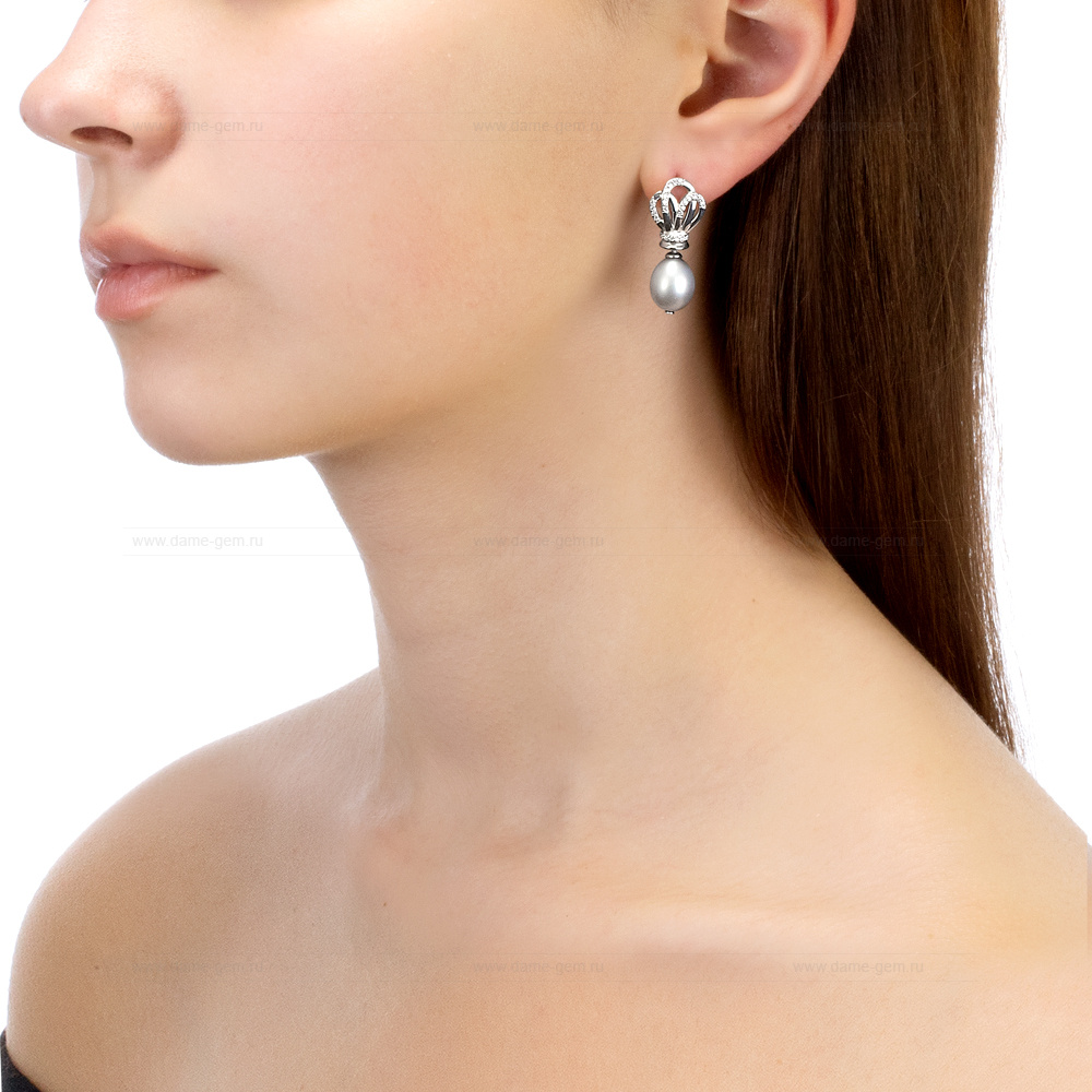 Серьги из серебра с серебристыми жемчужинами 10-11 мм. Артикул 12333