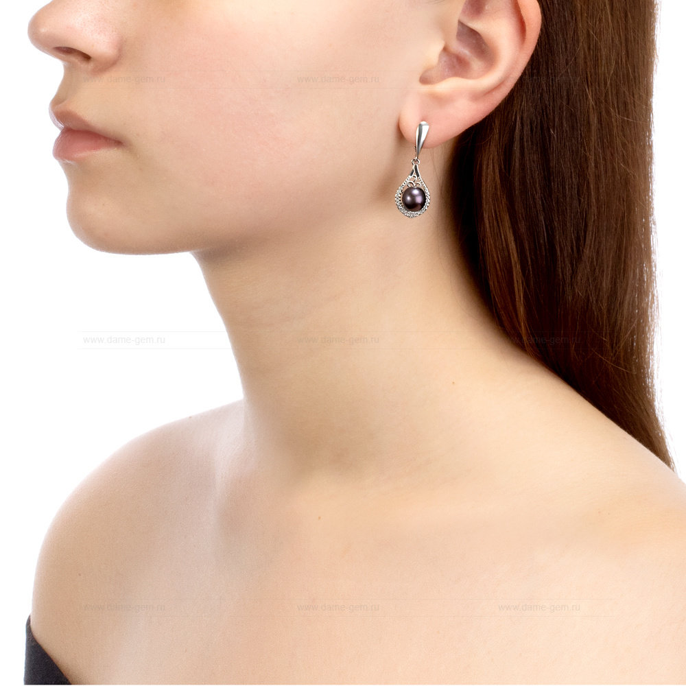 Серьги из серебра с черным жемчугом 8,5-9 мм. Артикул 9202