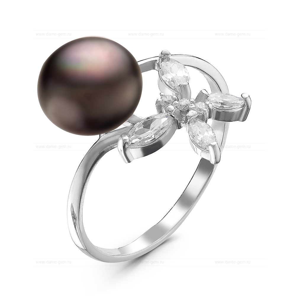 Кольцо из серебра 925 пробы с черной жемчужиной 8,5-9 мм. Артикул 10853