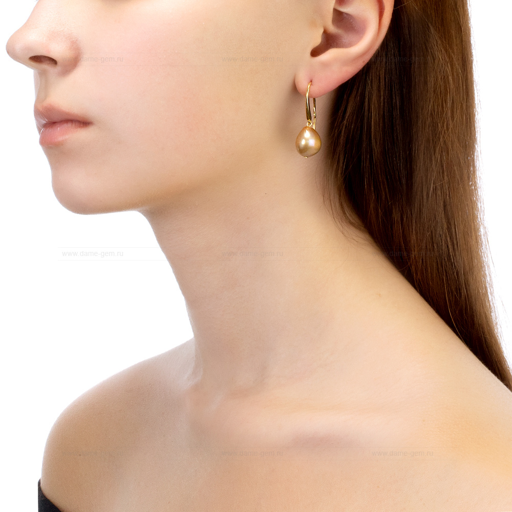 Серьги из серебра с золотистыми жемчужинами "Барокко" 11-12 мм. Артикул 12605