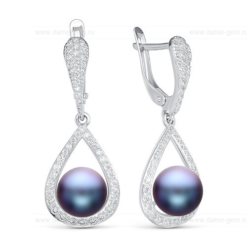 Серьги из серебра с черными жемчужинами 8,5-9 мм. Артикул 11340
