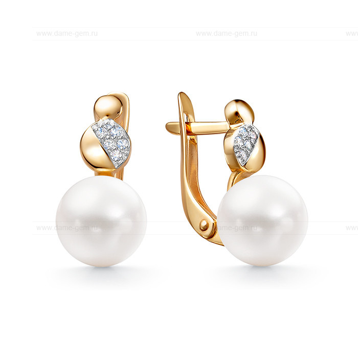Серьги из красного золота с белыми жемчужинами 7,5-8 мм. Артикул 11980