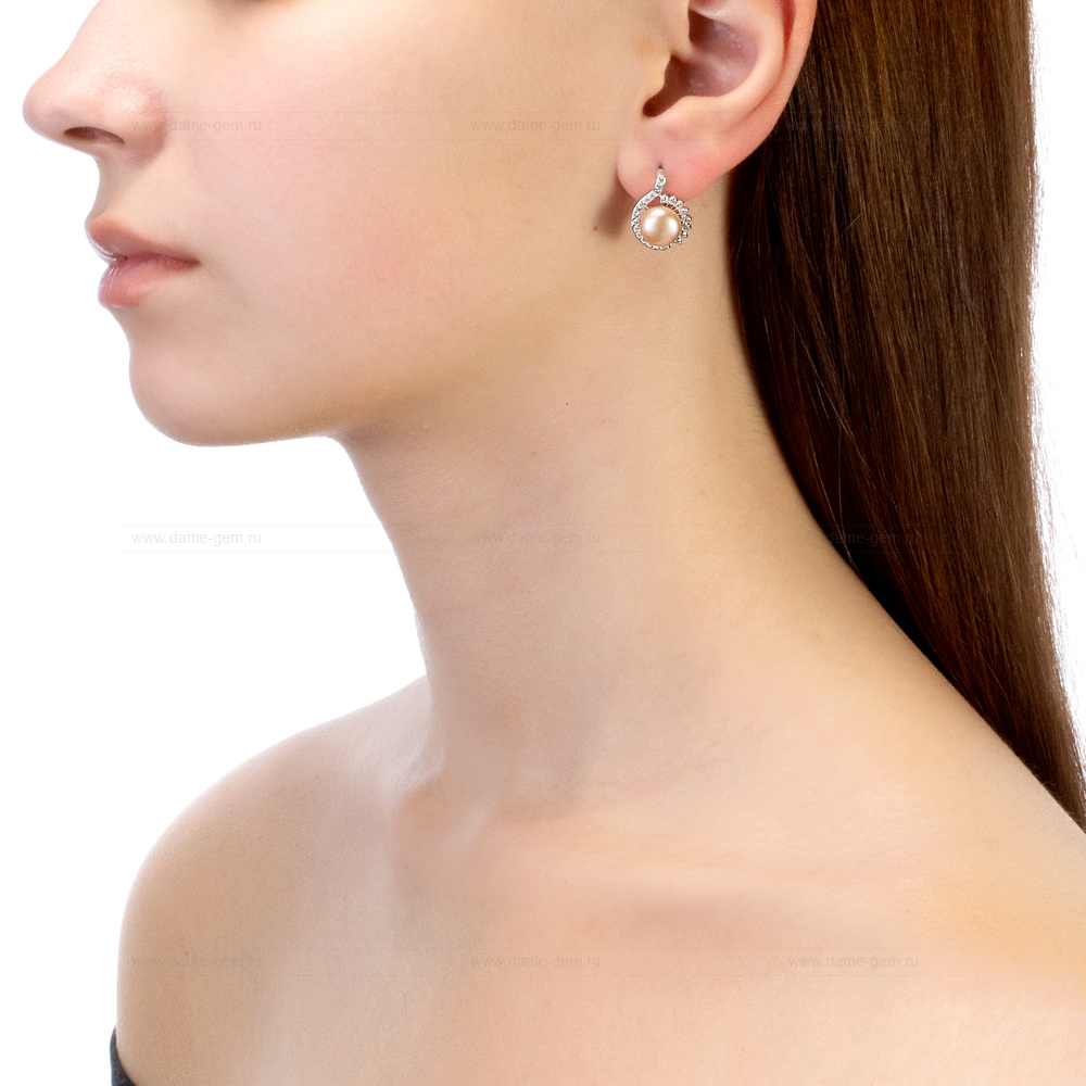 Серьги из серебра с розовыми жемчужинами 8,5-9 мм. Артикул 10655