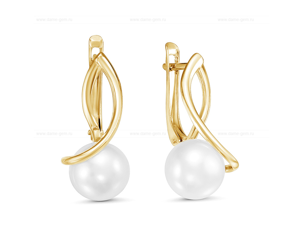 Серьги из желтого золота с белыми жемчужинами 8,5-9 мм. Артикул 9131