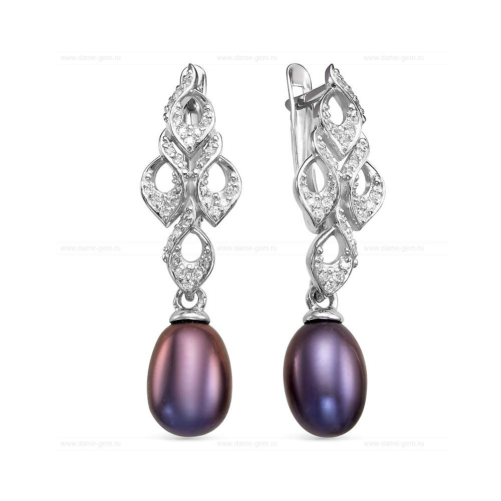 Серьги из серебра с черными жемчужинами "капля" 7,5-8 мм. Артикул 12473
