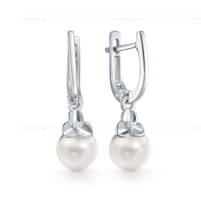 Серьги из серебра с белыми жемчужинами 9,5-10 мм. Артикул 10397