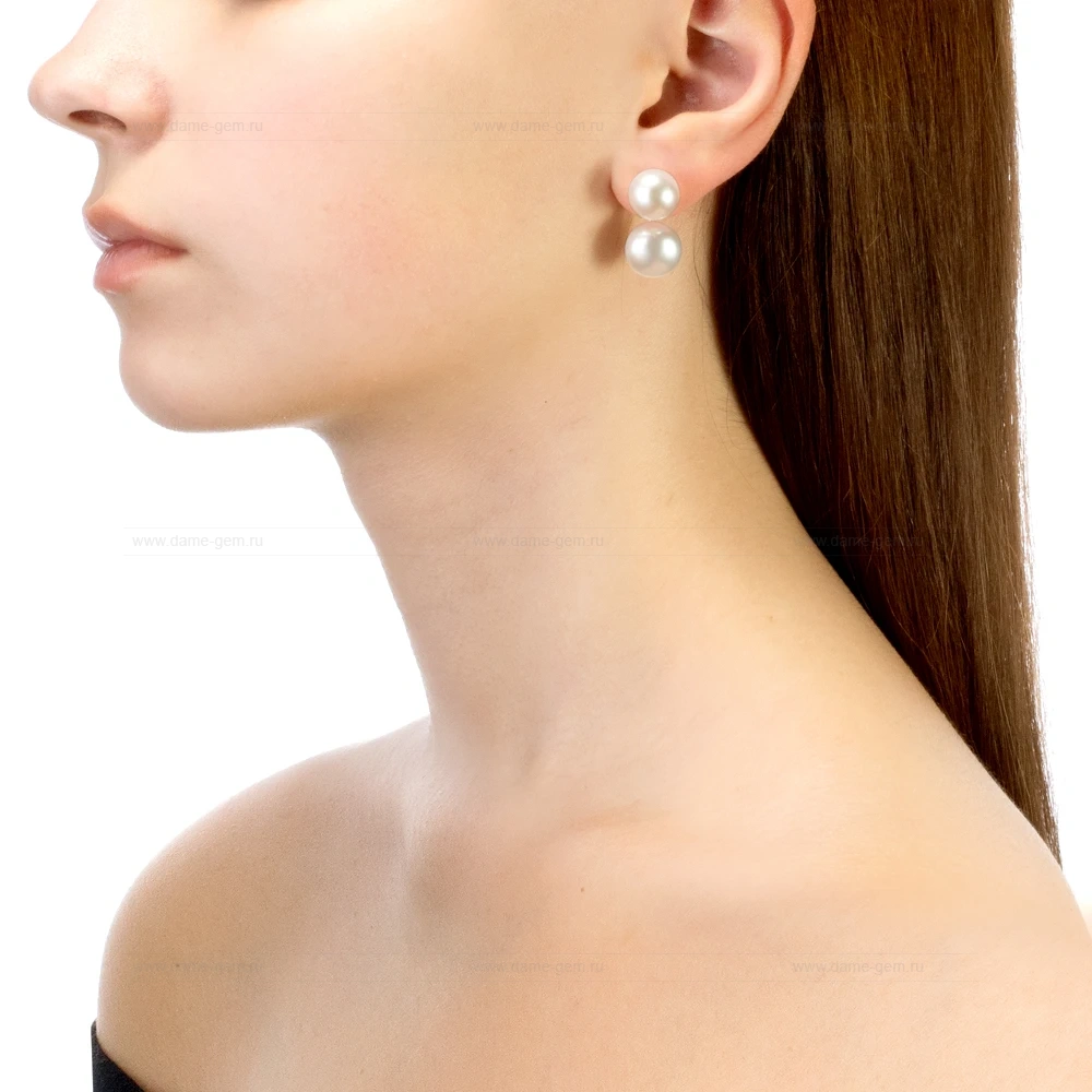 Двойные пусеты "Dior" из серебра с белыми жемчужинами 8,5-11 мм. Артикул 10781