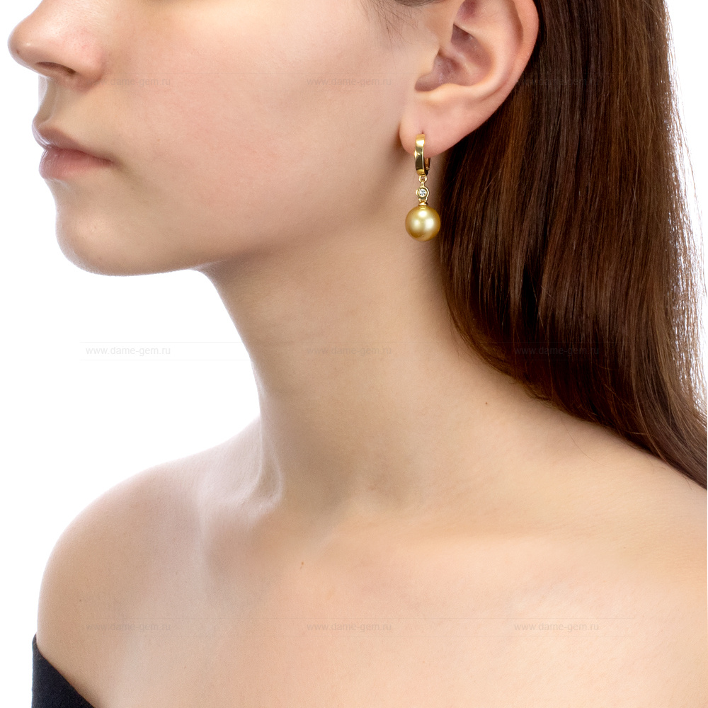 Серьги из золота 585 пробы с золотистыми Австралийскими жемчужинами 12,6-12,9 мм. Артикул 11505