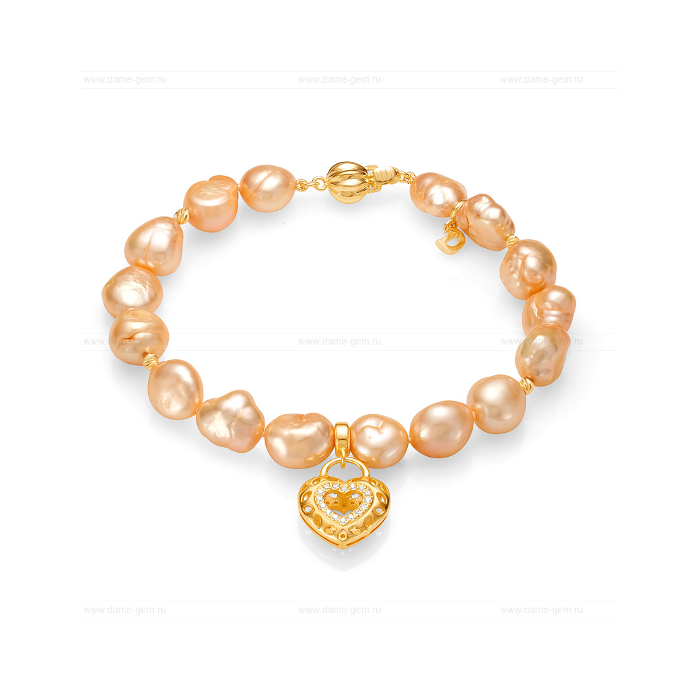 Браслет из золотистого барочного жемчуга 9-10 мм с подвеской "Сердце". Артикул 11626