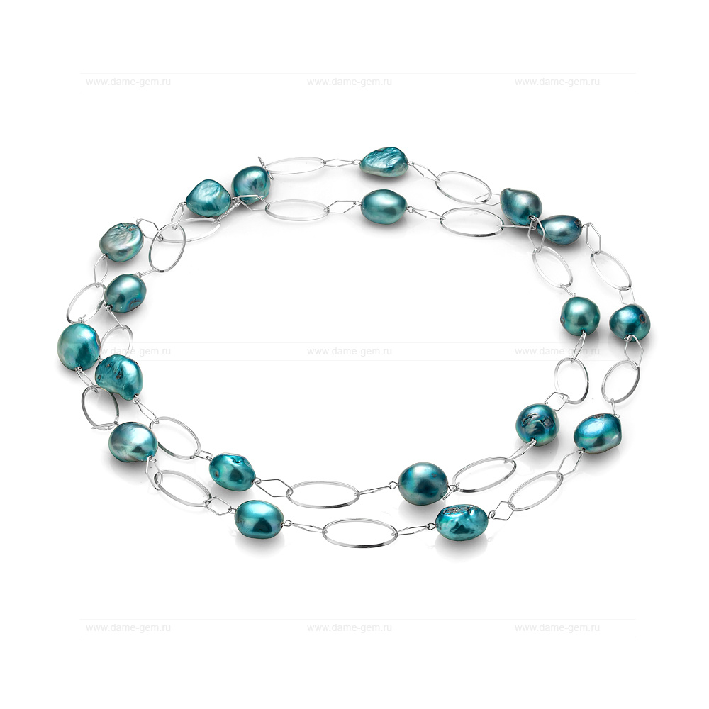 Колье из серебра 925 пробы с голубыми барочными жемчужинами 12-12,5 мм. Артикул 10763