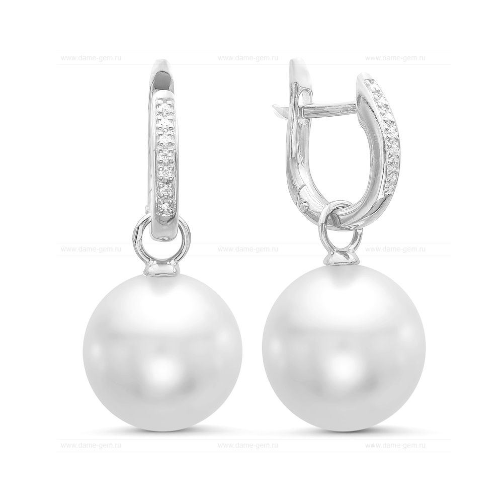 Серьги из золота 585 пробы с белыми Австралийскими жемчужинами 13,6-13,9 мм. Артикул 11927