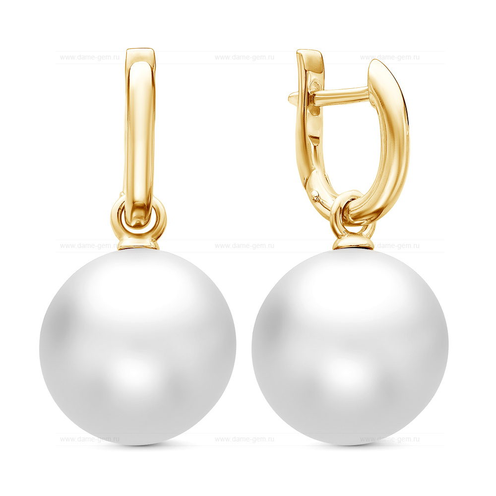 Серьги из золота с белыми Австралийскими жемчужинами 13,6-13,9 мм. Артикул 11246