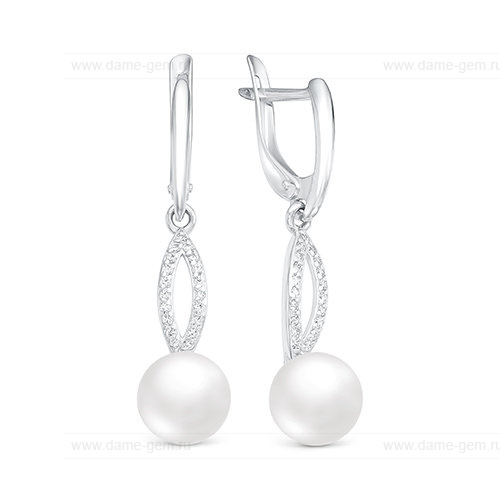 Серьги из серебра с белыми жемчужинами 8-8,5 мм. Артикул 11588