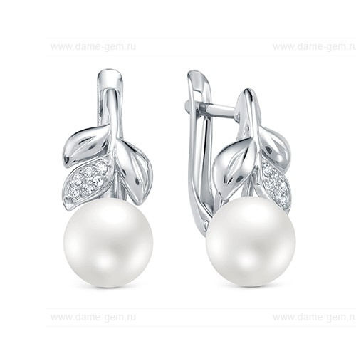 Серьги из серебра с белыми жемчужинами 8,5-9 мм. Артикул 10384