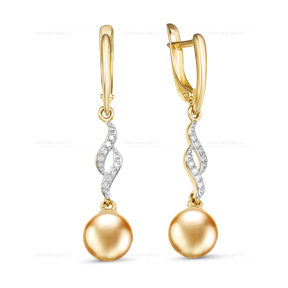 Серьги из золота с золотистыми жемчужинами Акойя 8-8,5 мм. Артикул 12169