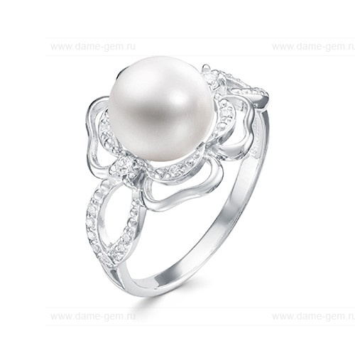 Кольцо из серебра 925 пробы с белой жемчужиной 8,5-9 мм. Артикул 11790