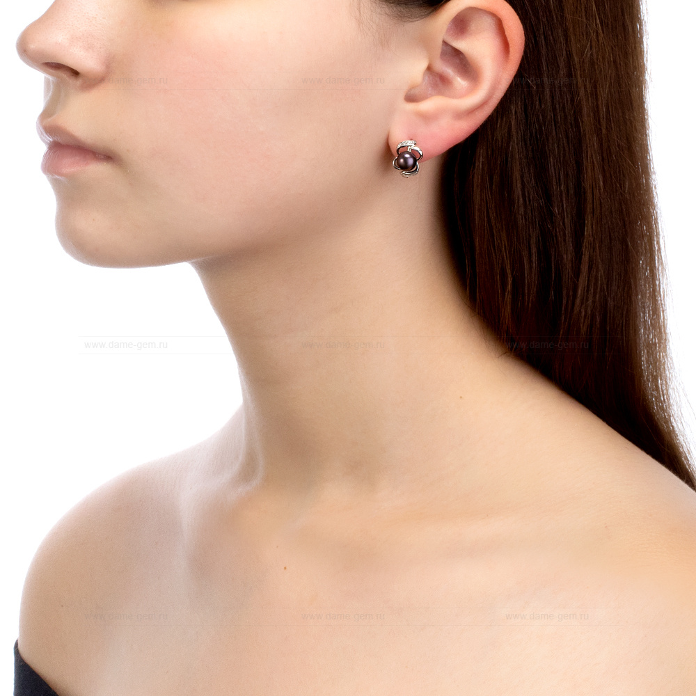 Серьги из серебра с черными жемчужинами 7-7,5 мм. Артикул 10768