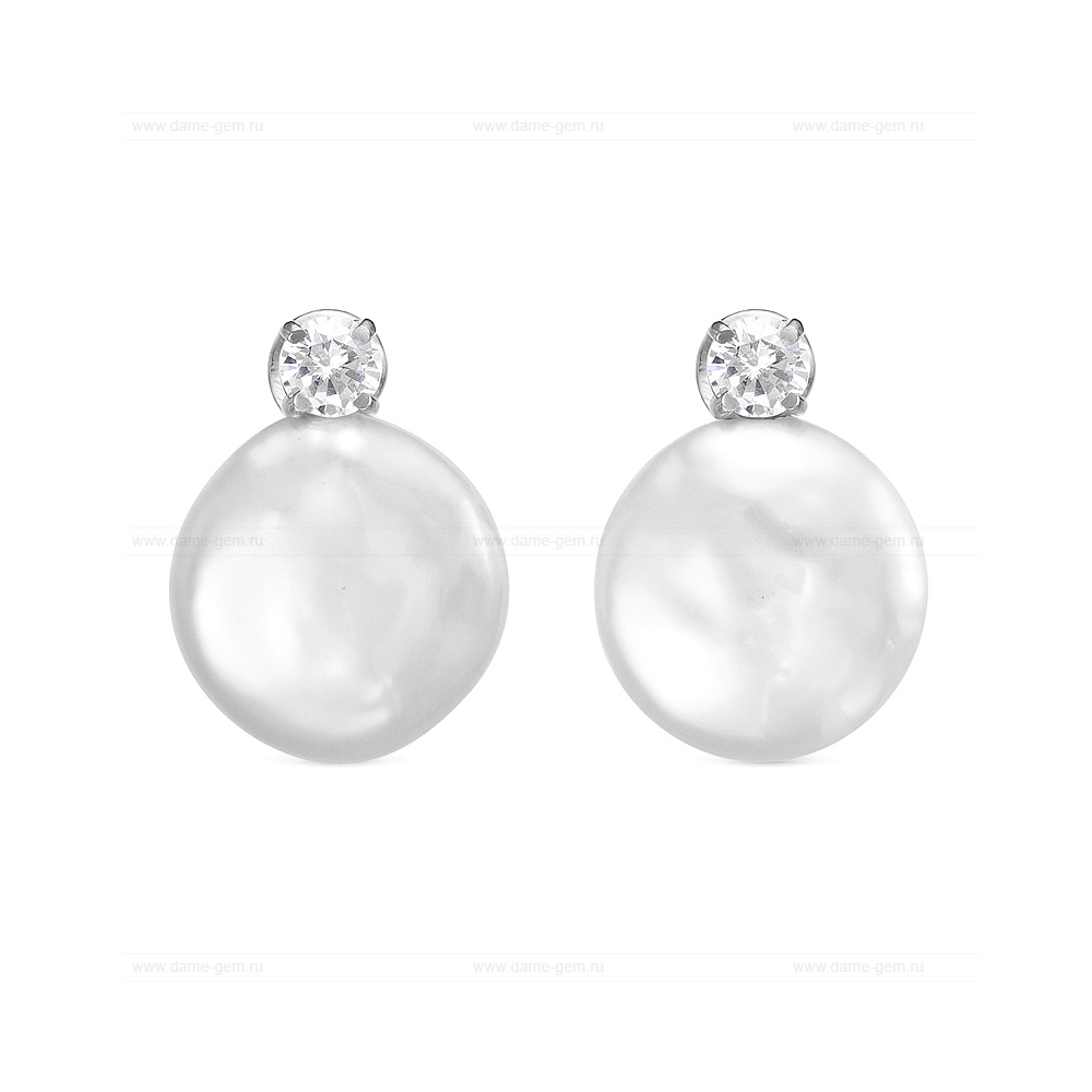 Серьги из серебра с белыми жемчужинами "барокко" 13,5-14 мм. Артикул 12431
