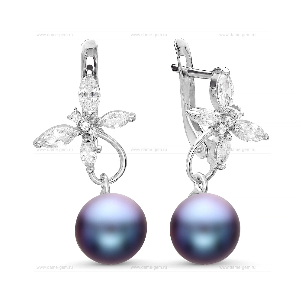 Серьги из серебра с черными жемчужинами 7,5-8 мм. Артикул 10801