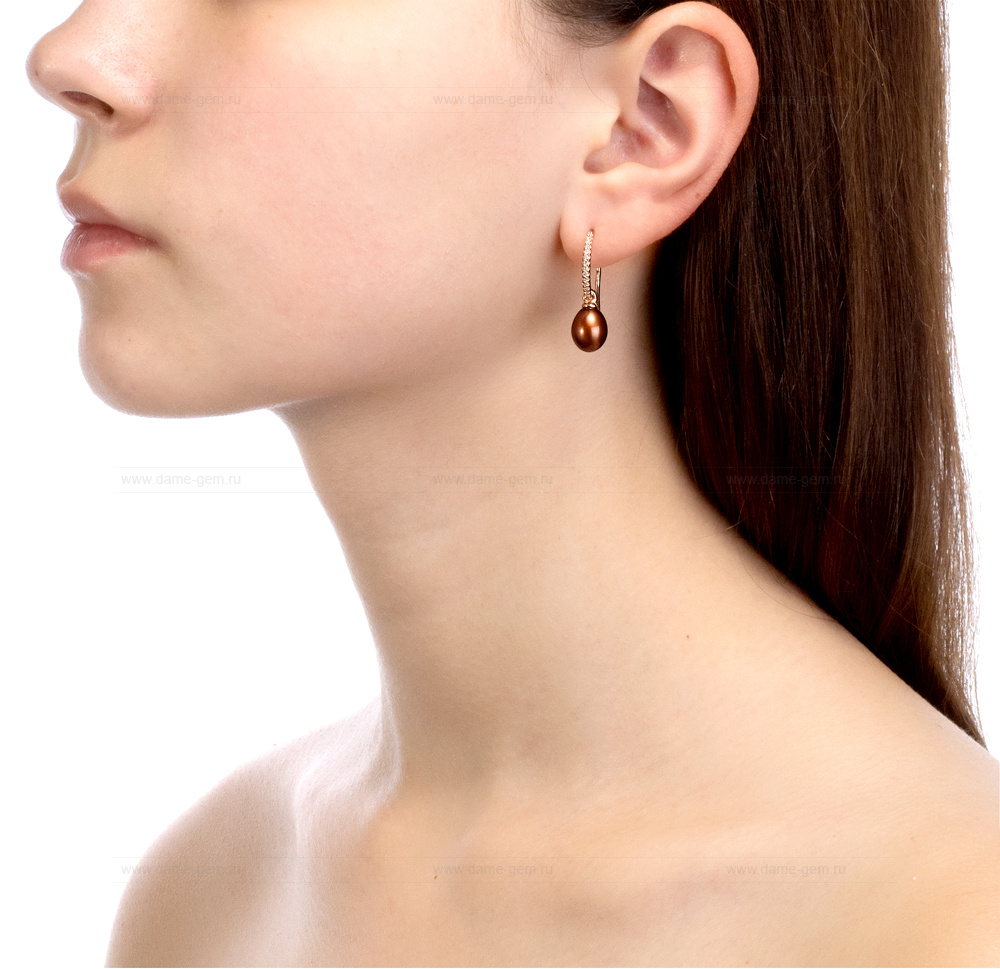 Серьги из серебра с шоколадными жемчужинами 8,5-9 мм. Артикул 10809