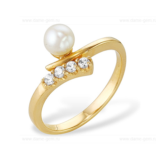 Кольцо из желтого золота 585 пробы с белой жемчужиной 7,5-8 мм. Артикул 12029