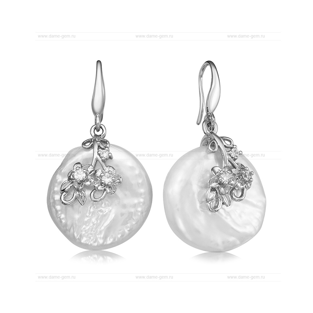 Серьги из серебра с белыми жемчужинами "барокко" 14 мм. Артикул 12423 Серьги из серебра с белыми жемчужинами "барокко" 14 мм. Артикул 12423