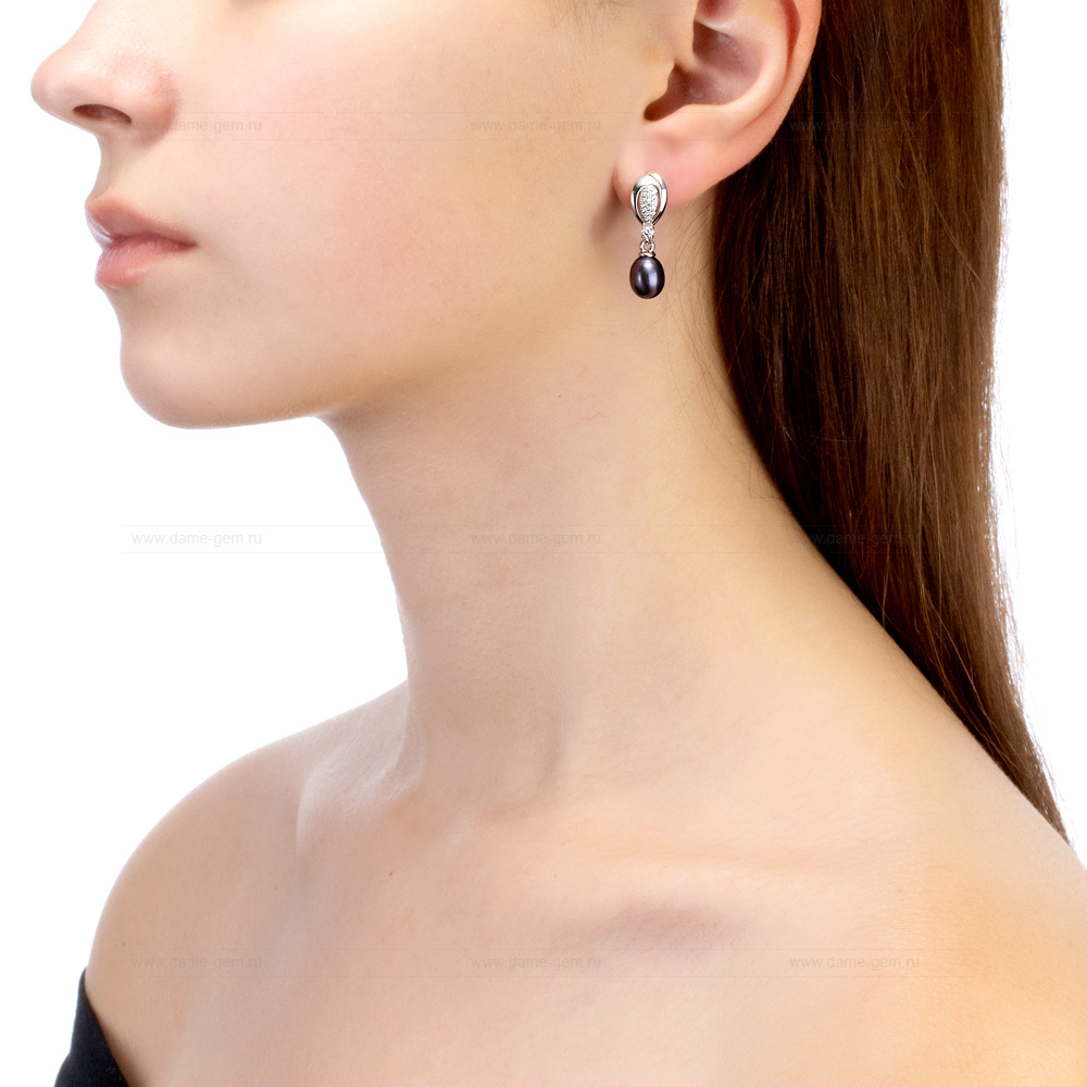 Серьги из серебра с черными жемчужинами "капля" 7,5-8 мм. Артикул 12471