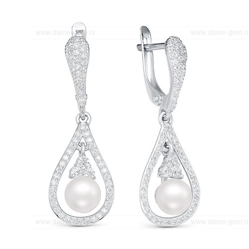 Серьги из серебра с белыми жемчужинами 7 мм. Артикул 10203