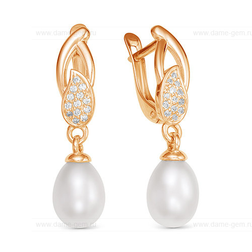 Серьги из красного золота с белыми жемчужинами 9-10 мм. Артикул 10098 Серьги из красного золота с белыми жемчужинами 9-10 мм. Артикул 10098