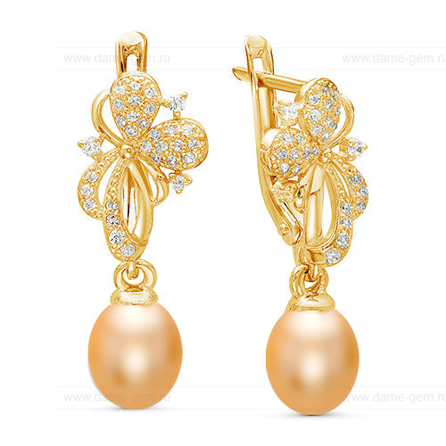 Серьги из серебра с золотистыми жемчужинами "капля" 8-8,5 мм. Артикул 12546