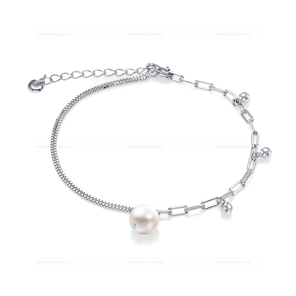 Браслет из серебра с белой речной жемчужиной 7,5-8 мм. Качество жемчуга высокое АА+. Артикул 12828