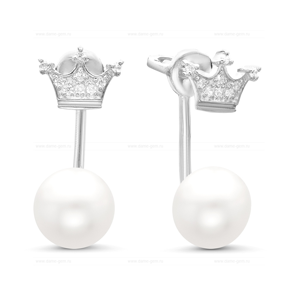 Двойные пусеты "Dior" из серебра с белыми жемчужинами 8,5-9 мм. Артикул 11470 Двойные пусеты "Dior" из серебра с белыми жемчужинами 8,5-9 мм. Артикул 11470