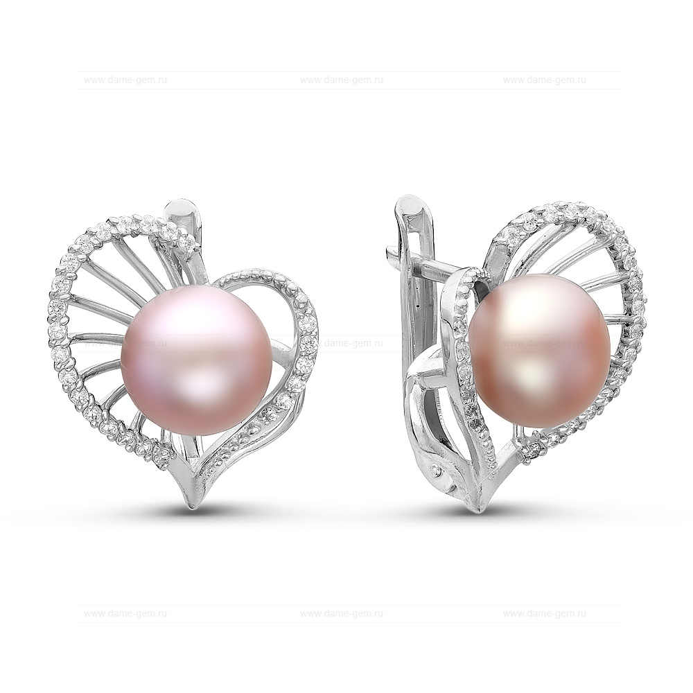 Серьги из серебра с розовыми жемчужинами 7,5-8 мм. Артикул 10769
