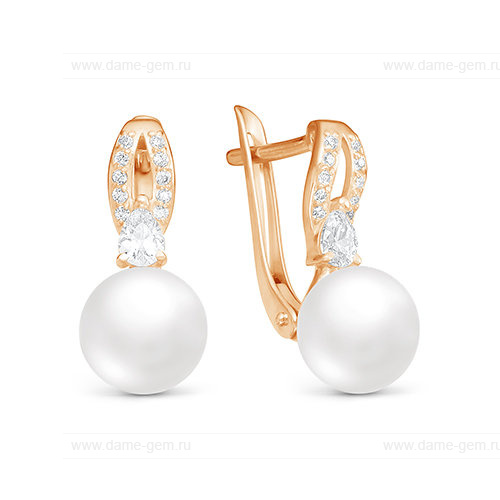 Серьги из красного золота с белыми жемчужинами 8,5-9 мм. Артикул 9697