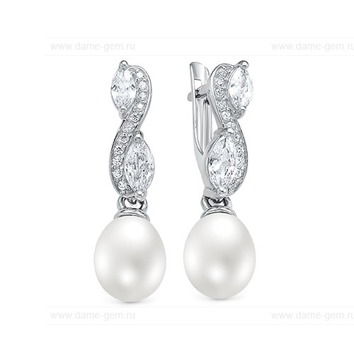 Серьги из серебра с белыми жемчужинами 7,5-8 мм. Артикул 12414